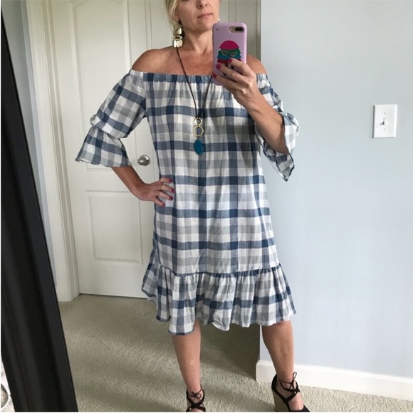 Dresses & Skirts - Blue and White Ruffled Off-Shoulder Midi Sundress